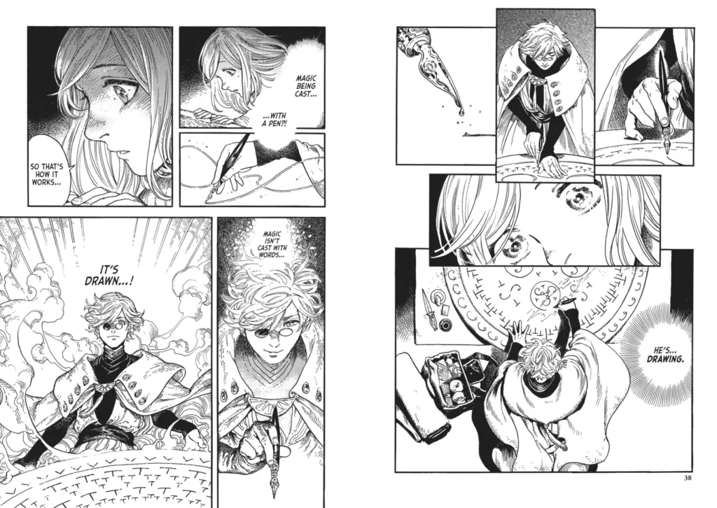 High-quality illustration from Witch Hat Atelier, a popular fantasy manga by Kamome Shirahama, showcasing detailed ink line art, magic themes, and a richly designed world.